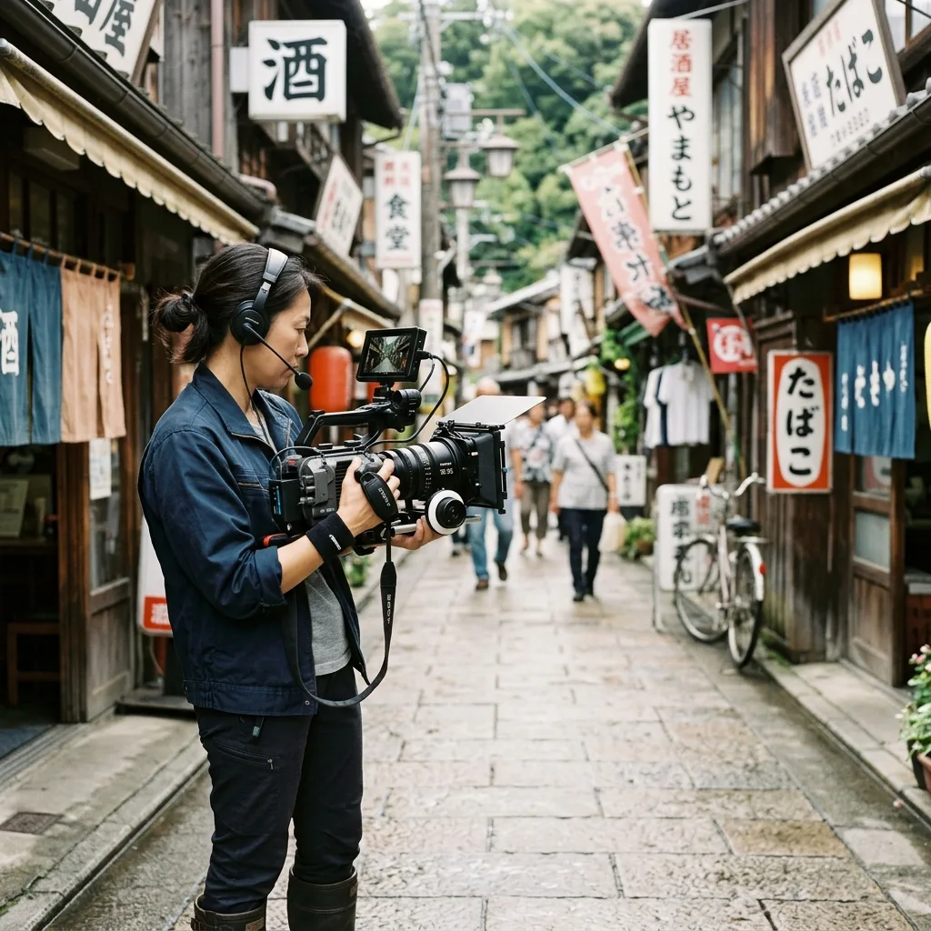 屋外でビデオカメラを使って番組ロケ撮影をする写真