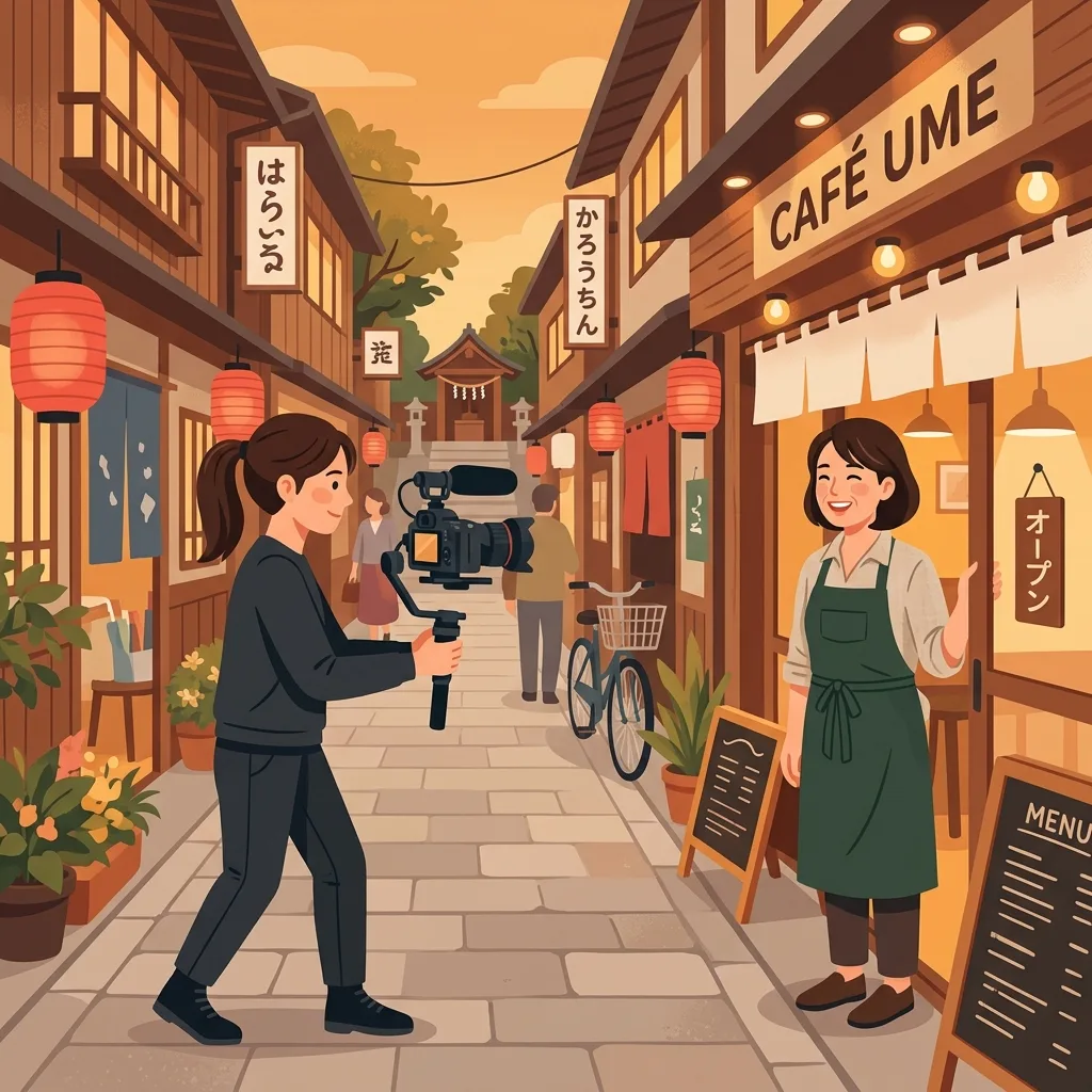 ビデオカメラで地元のお店のスタッフを撮影している温かみのあるイラスト