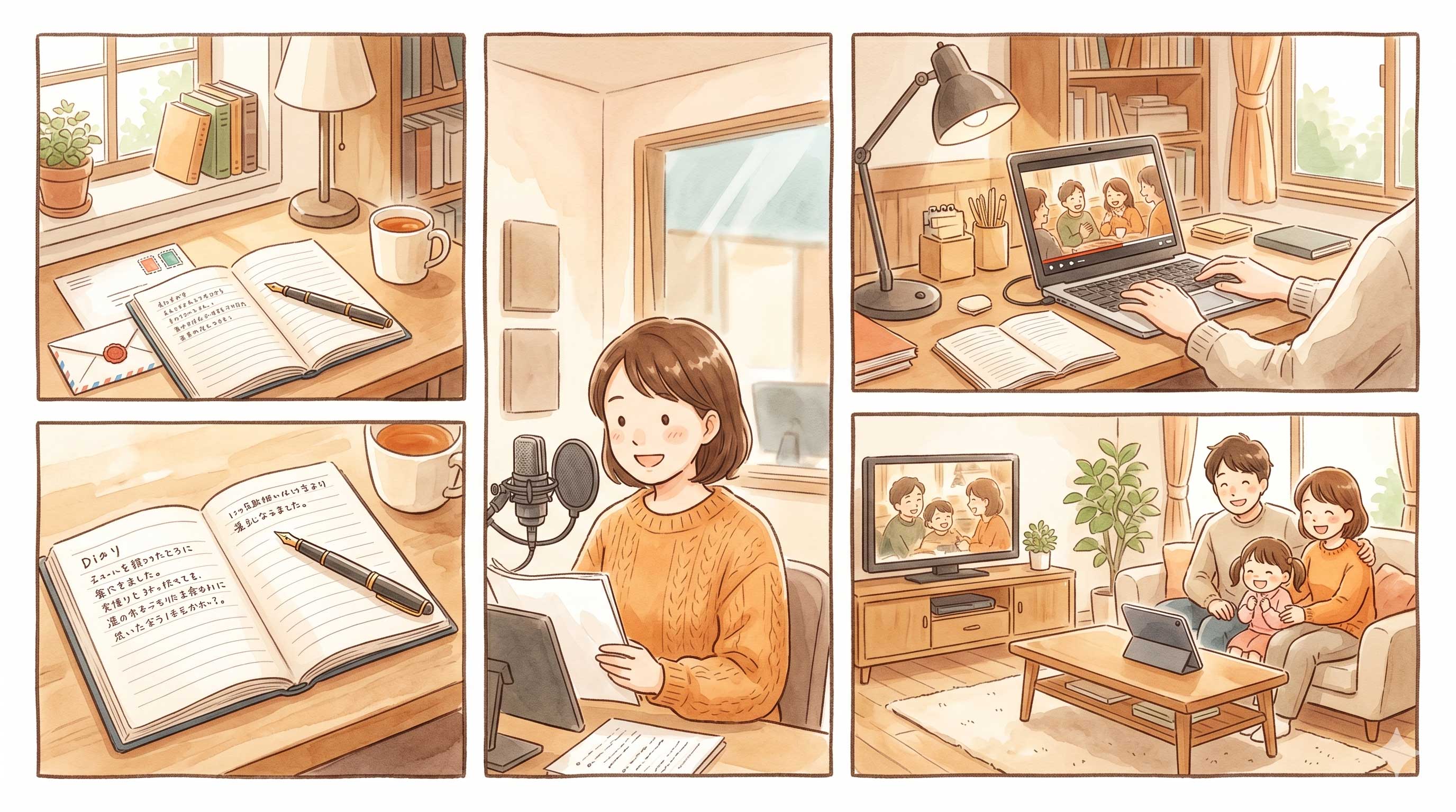 日記・手紙の文章をAIが朗読し、映像を制作して家族で楽しむ動画作品に仕上げるイメージ