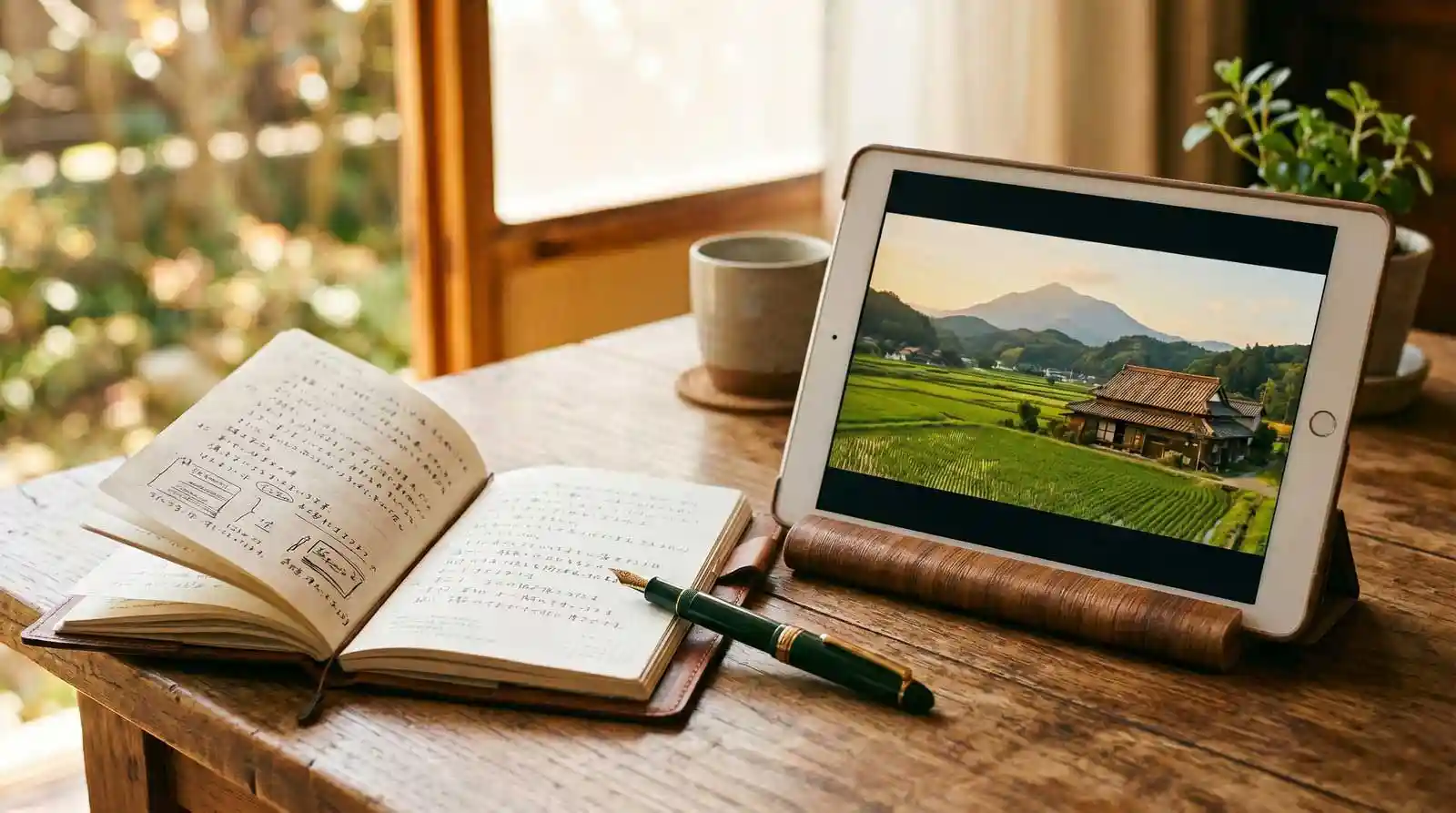 手書きの日記の隣で、タブレットに田園風景の動画作品が映っている様子
